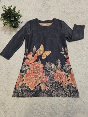 Serengeti Gray Floral Butterfly Faux-Suede 3/4 Sleeve Shift Dress, Size Medium